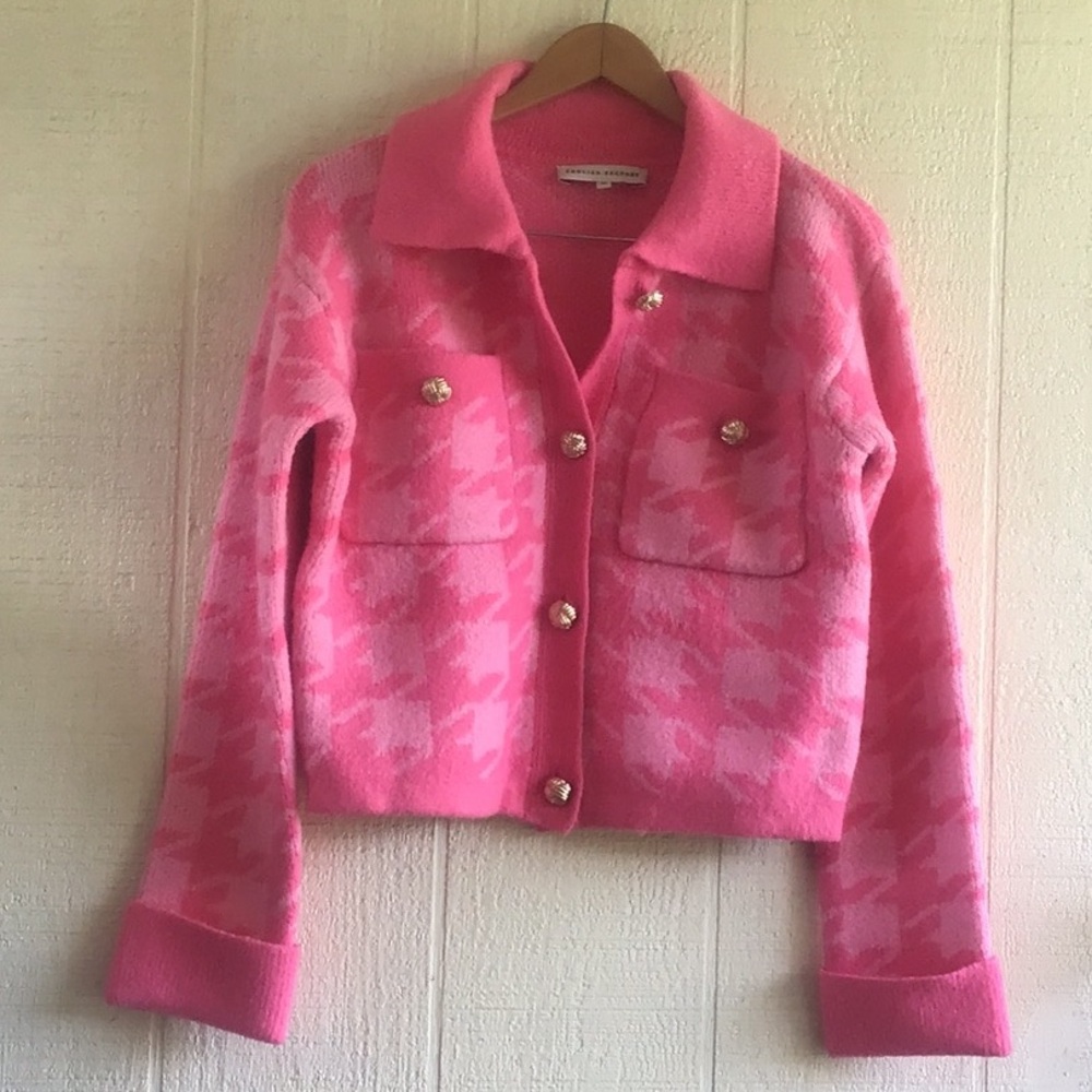 English Factory Pink Houndstooth gold button cropped cardigan Anthropologie